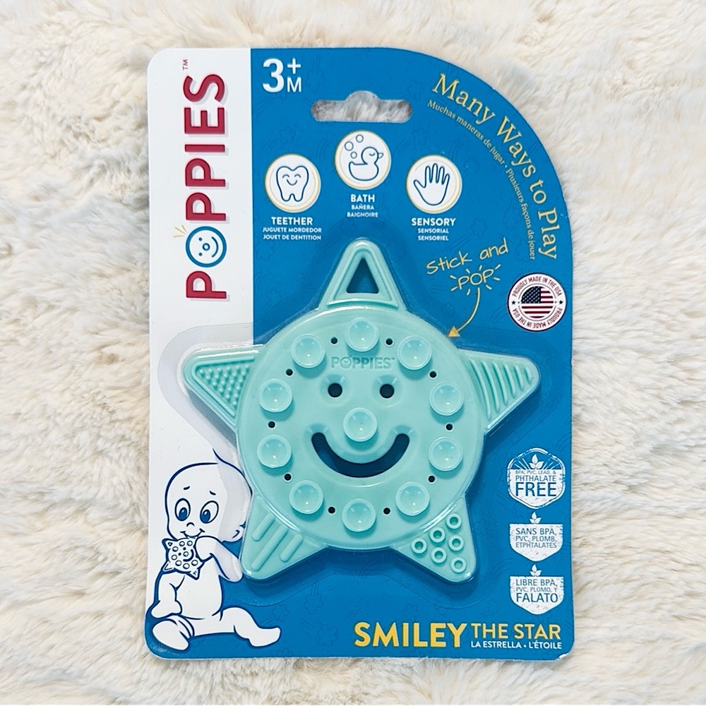 3/$15 🌸 Poppies Teether Smiley the Star Baby Teething Sensory Pop Toy Mint Green